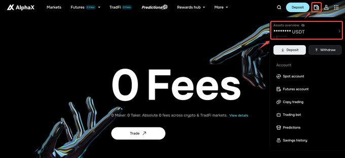 The image shows the AlphaX cryptocurrency exchange homepage, highlighting a user's "Assets overview" displaying a USDT balance, with the post explaining how AlphaX's Auto-Earn feature allows users to earn up to 5% APY with daily compounding on idle USDT without locking funds, including margin.