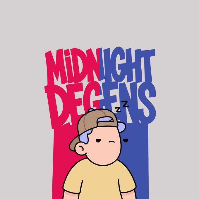 A cartoon character with lavender hair wearing a tan cap backward and a yellow shirt appears sleepy, with "Z's" floating near his head, set against bold pink and blue text reading "MIDNIGHT DEGENS." This "doodles"-style artwork represents the 10,000 remastered NPC NFT character collection, matching the mint details shared in the post.