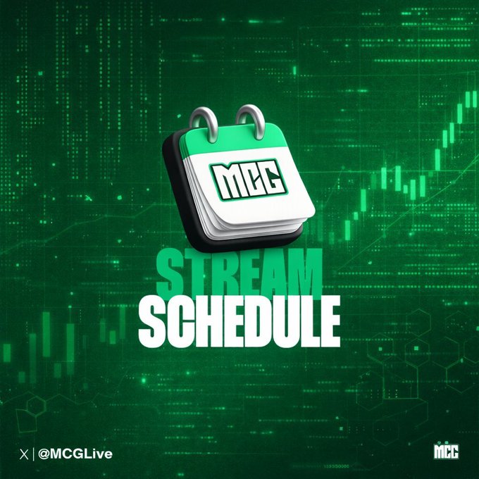 A promotional graphic with a green stock-chart background featuring a calendar icon labeled 'MCG' and the text 'STREAM SCHEDULE' along with '@MCGLive'.