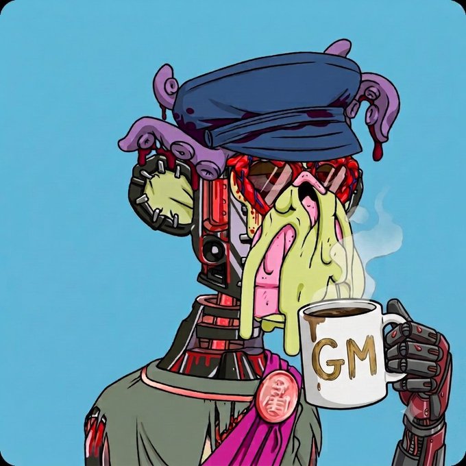 CryptoPunk-style NFT illustration of a cyborg wearing a blue cap with melting green slime, holding a white mug labeled 'GM' against a light blue background.