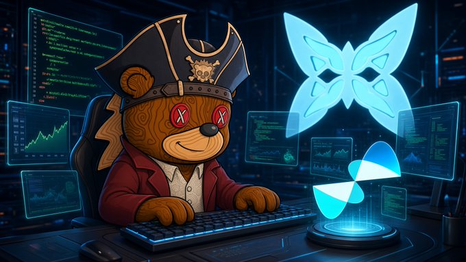 A pirate-themed bear works at a futuristic computer surrounded by code, system monitors, graphs, a holographic butterfly, and a glowing “$QUIP” token. The scene connects to the post’s description of testing the latest node manager, with faster CPU annealing, increased GPU utilization, miner options, and a basic script.