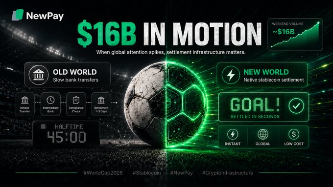The image features a poster with an illustration of a soccer ball surrounded by various statistics about NewPay's payment processing platform. The title of the post reads "NewPay In Motion". A graph is displayed, showing that the settlement layer for $16 billion was shifted from traditional bridged assets to native stablecoins over a weekend.