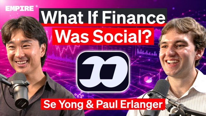 A podcast episode thumbnail titled "What If Finance Was Social?" featuring Empire, with two smiling men (Se Yong and Paul Erlanger) seated behind microphones in front of a pink stock-chart background and a central app logo. The design promotes an Empire discussion on consumer crypto, finance's social network, mainstream design, and competition from $HOOD and X.