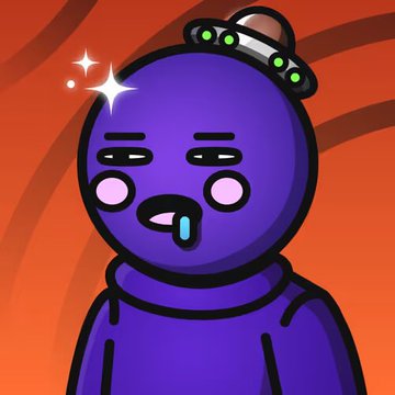A cartoon illustration of a purple character wearing a small UFO-like hat with green lights, drooling with an excited expression against an orange swirled background.