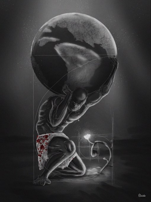 A muscular figure struggles to lift a massive, dark globe overhead while kneeling, evoking an Atlas-like burden, with faint geometric shapes and a glowing spark at his side, capturing a sense of overwhelming struggle that echoes the weary sentiment "Gn y'all."