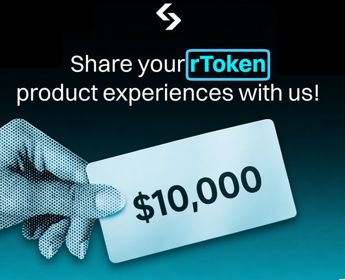 Promotional graphic with the text 'Share your rToken product experiences with us!' above an illustration of a hand holding a card displaying '$10,000'.