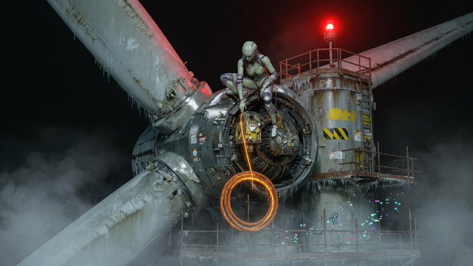 A futuristic astronaut figure sits atop a weathered, industrial wind turbine at night, dangling an orange glowing ring with smoke and a red warning light in the background.