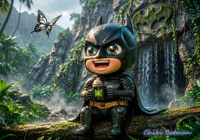 A chibi-style Batman character sits on a log in a lush, rainy jungle setting holding a mug, with a butterfly flying nearby and the text 'Chibi Batman' in the corner.