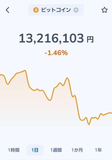 A cryptocurrency price chart shows Bitcoin (ビットコイン) at 13,216,103 yen, down 1.46% over 1 day, with the time selector set to '1日'.