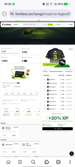Mobile screenshot of the 'limitless.exchange/road-to-legend' webpage showing fantasy football-style market data with a completed quests counter at 2782 and a virtual sports jersey NFT listed.
