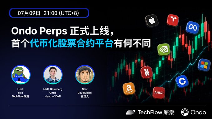 A promotional graphic for a July 9th (21:00 UTC+8) livestream event hosted by TechFlow and Ondo, titled "Ondo Perps正式上线，首个代币化股票合约平台有何不同" (Ondo Perps officially launches, what's different about the first tokenized stock contract platform), featuring guests Host Zolo (TechFlow深潮), Matt Blumberg (Ondo Head of DeFi), and Star (Day1Global 主理人), set against a candlestick chart background with stock and crypto company logos like Apple, Meta, AMD, Netflix, and Coinbase.