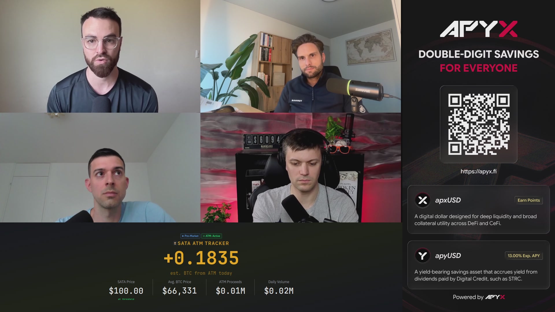 The image shows a group of four men sitting around a table, with one man wearing glasses and another wearing a blue shirt. They are all looking at a computer screen that displays information about Bitcoin accumulation. The text on the screen reads "Just In: The pre-market is open. Strive's $SATA  Bitcoin accumulation has just started. $SATA will pay the world' s first-ever daily dividend today." This suggests that they are discussing or learning about Bitcoin and its potential benefits, as well as the current state of the market.