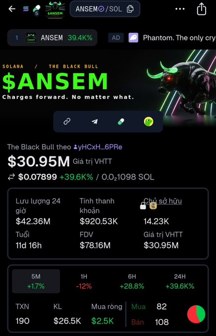 Phantom wallet interface showing the $ANSEM token (Solana) with a value of $30.95M, up 39.6%, alongside a 'Black Bull' graphic with the tagline 'Charges forward. No matter what.'