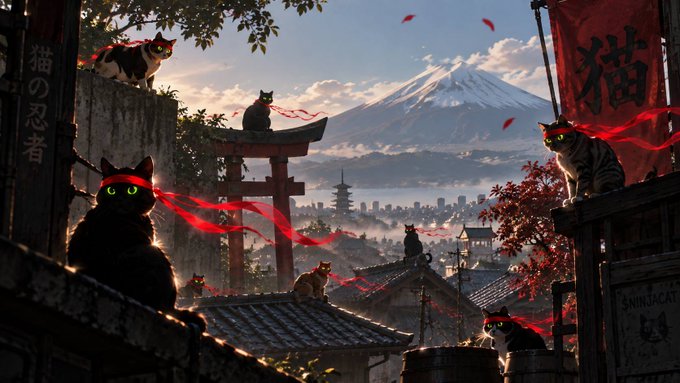 Fantasy artwork depicting multiple cats with glowing green and red eyes perched on rooftops and torii gates in a Japanese-style town, with Mt. Fuji and a pagoda in the background.