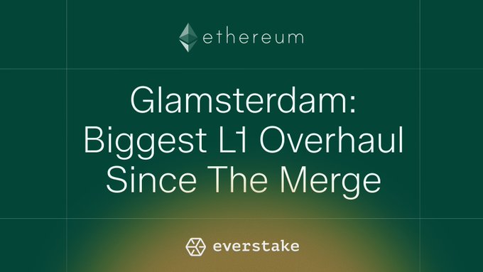 The image features a green square with white text that reads "Glamsterdam: Biggest Li Overhaul Since The Merge". This suggests that Ethereum is preparing for an upgrade or major change within its network, possibly related to the Li Overhaul process.