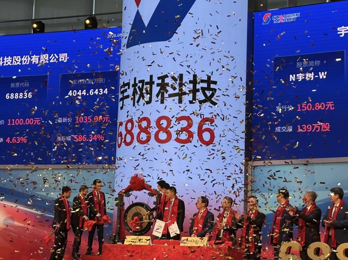 A photo of a stock exchange listing ceremony for company 688836 (宇树科技), with executives in red scarves celebrating amidst falling confetti.