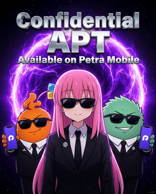 A vibrant promotional graphic featuring anime-style characters with pink and green hair wearing sunglasses and suits, holding Petra Wallet mobile devices against a purple lightning background. The bold text reads "Confidential APT - Available on Petra Mobile," visually reinforcing the post's message about enabling private, confidential transactions on the Aptos blockchain directly from your phone.