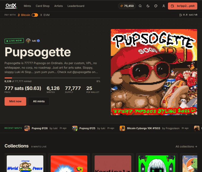 An OrdX NFT marketplace page showing the 'Pupsogette' collection (77777 Pupsogs on Ordinals) with 6,126 minted, priced at 777 sats ($0.63).