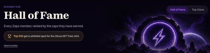 Screenshot of a 'Hall of Fame' page recognizing Zaps members ranked by zaps earned, noting the top 500 get a whitelist spot for the Zerus NFT free mint.