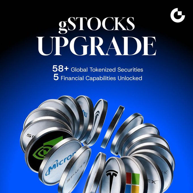 The image is a promotional graphic for "gSTOCKS UPGRADE" featuring Gate's logo in the top right, with text stating "58+ Global Tokenized Securities" and "5 Financial Capabilities Unlocked." Below the text is a dynamic visual of metallic coins fanning outward, showcasing recognizable company logos including Microsoft, Tesla, Micron, and Apple, representing the diverse range of tokenized stocks available on the platform.