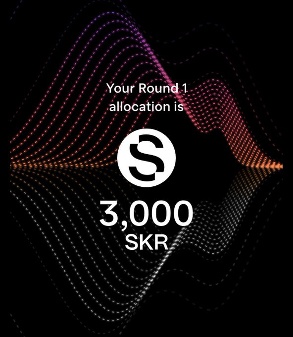 The image displays a stylized "Your Round 1 allocation is 3,000 SKR" graphic with the Skryai token logo, set against a dark background with flowing pink and orange dotted wave patterns. This visual celebrates a user's successful claim and staking of 3,000 SKR tokens in the project's Round 1 allocation event.