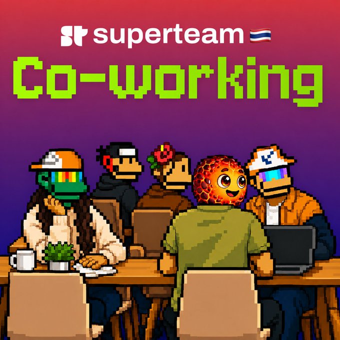 Pixel art illustration of five characters working together at laptops with the text 'superteam' and 'Co-working' displayed above them.