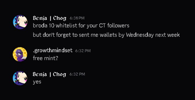 A Discord chat screenshot where Benja | Chog offers "10 whitelist for your CT followers" in exchange for wallets by Wednesday, and .growthmindset asks "free mint?" to which Chog replies "yes" with no further details.