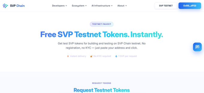 A webpage screenshot for SVP Chain's Testnet Faucet offering free SVP testnet tokens, displaying the text 'Free SVP Testnet Tokens. Instantly.' with a balance of '0x69...dF02'.