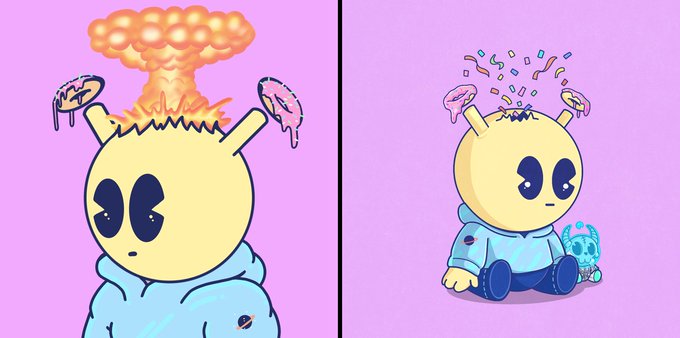 Two cartoon illustrations show a yellow character experiencing brain explosions—one with a large mushroom cloud explosion on top, and another sitting with a smaller burst and confetti, set against a purple background.