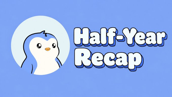 A blue thumbnail-style graphic shows a cute penguin character with the text "Half-Year Recap" in large white bubble letters.