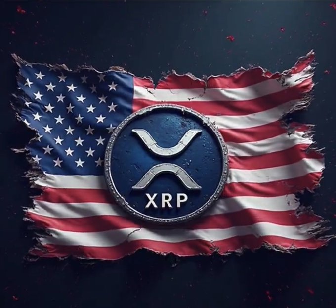A tattered American flag with an XRP (Ripple) crypto coin emblem at its center, symbolizing a patriotic bullish call for XRP to surge from $1.15 to a new all-time high of $3.88.