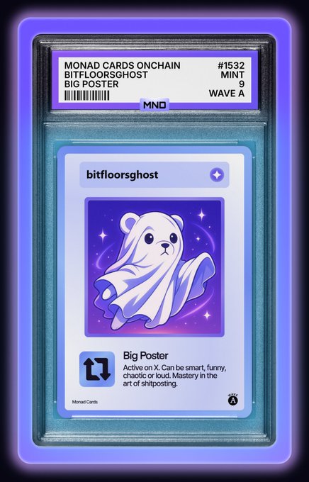 A graded 'Monad Cards Onchain' collectible card labeled 'bitfloorsghost', 'MINT 9', featuring a ghost-like panda character and the trait 'Big Poster' from 'Wave A'.