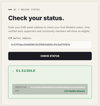 A webpage titled "Check your status" under "WL / HOLDER STATUS" shows an EVM wallet address check result indicating "ELIGIBLE" status with the identifier "0x4747dac09485963303f8810d560c91c5a079197d" marked as "OTD (Raffle Winner)." The image relates to the post by demonstrating one of the eligibility-checking tools (arclings.art/status) used to verify wallet status for NFT mint opportunities.