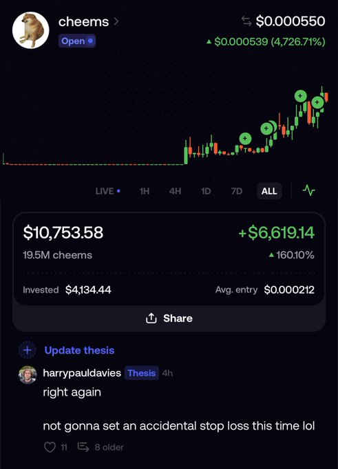 The image is a screenshot of a cryptocurrency trading portfolio showing a position in $cheems with a current value of $10,753.58 (+$6,619.14, 160.10% gain) on a 4,726.71% price chart, along with an "Update thesis" comment from harrypauldavies saying "right again, not gonna set an accidental stop loss this time lol." It visually supports the post's claim of a "great lore, great holders" investment in $cheems by displaying strong portfolio gains and a significantly rising price chart.
