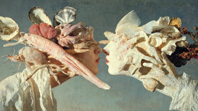 A surreal artistic composition showing two figures in profile facing each other, their bodies and heads transforming into elaborate arrangements of seashells, coral, and fish.