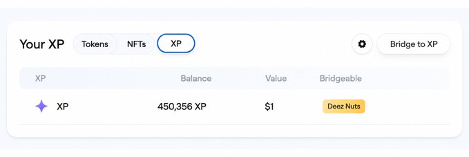 A dashboard interface shows "Your XP" with 450,356 XP tokens valued at $1, featuring a "Bridge to XP" button in the upper right and a "Deez Nuts" button labeled as "Bridgeable." This illustrates the newly added XP bridging feature that the post references, suggesting the platform has responded to community requests by implementing this functionality.
