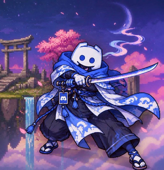 A pixel-art samurai with a white cat-like mask and glowing blue sword stands in a dynamic pose against a twilight backdrop featuring a torii gate and cherry blossoms. No text or numbers appear in the image itself, though a small panda logo is visible on the character's tag, possibly serving as branding for the "kredoos" Discord community mentioned in the post.