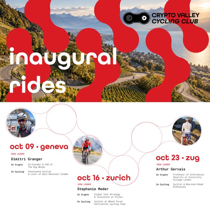 Promotional poster for 'CRYPTO VALLEY CYCLING CLUB inaugural rides' featuring three events: Oct 09 Geneva led by Dimitri Granger, Oct 16 Zurich led by Stephanie Meder, and Oct 23 Zug led by Arthur Gervais.