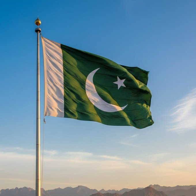 The image shows the national flag of Pakistan—a green field with a white crescent moon and star alongside a vertical white stripe—waving atop a flagpole against a clear blue sky with distant mountains. This visually represents the context of the post, which reports on Pakistan launching a crypto licensing portal for virtual asset firms operating within the country.