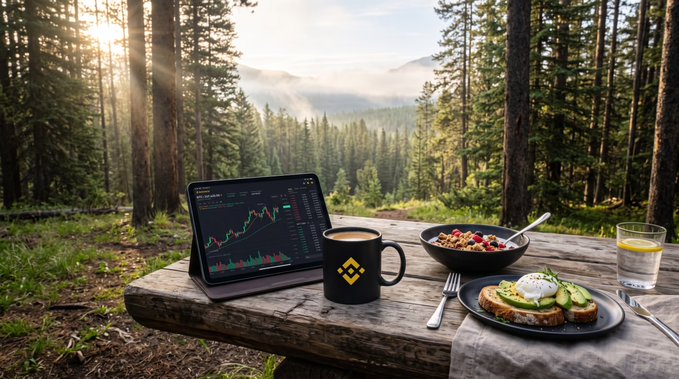 A wooden picnic table set in a sunlit forest clearing with misty mountains in the background, holding a tablet displaying a Bitcoin price chart, a black mug with the Binance logo, a bowl of granola with berries, avocado toast with an egg, and a glass of lemon water.