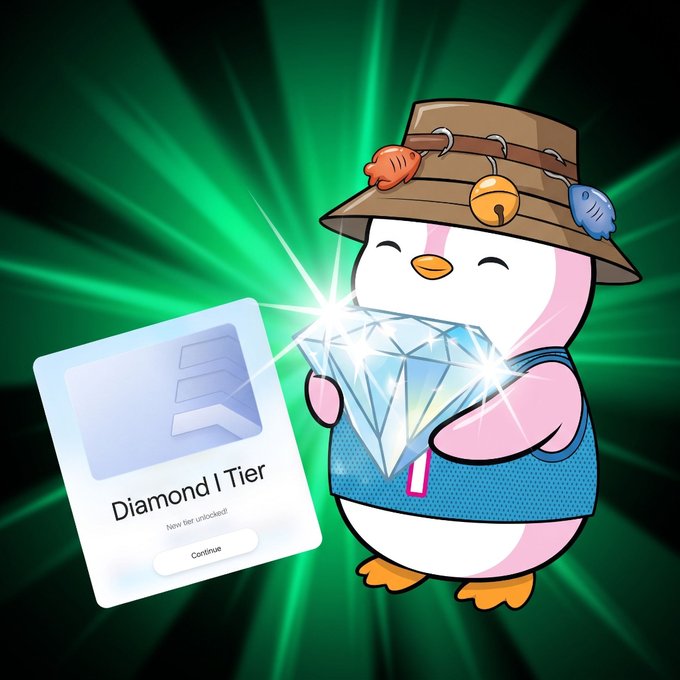 A cartoon penguin character wearing a fishing hat and backpack, holding a large sparkling diamond next to a 'Diamond Tier' card with text 'New tier unlocked!' and a 'Continue' button.