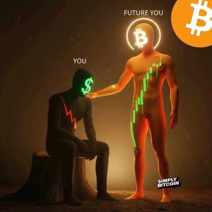A 'Simply Bitcoin' graphic showing a dejected dark figure labeled 'YOU' with a dollar sign face being uplifted by a glowing 'FUTURE YOU' with a Bitcoin halo and an upward green candlestick chart, accompanied by an orange Bitcoin logo.