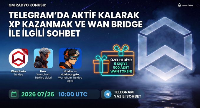 A Turkish-language promotional graphic for a Wanchain Telegram AMA event on July 26, 2026 at 10:00 UTC, featuring GM Radio hosts "Han" (Wanchain Türkiye Leader) and "Hakko" (Hakkocrypto, Wanchain Türkiye Member), offering a special prize of 5 tokens for 500 ADET WAN TOKEN to active participants discussing XP earning methods and the WAN Bridge.