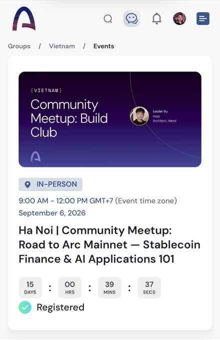 An event registration page for a Hanoi Community Meetup titled 'Road to Arc Mainnet — Stablecoin Finance & AI Applications 101' hosted by Lecturer Vu, scheduled for September 6, 2026.