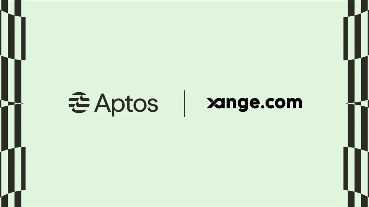 A minimalist graphic with a light green background displaying the logos for 'Aptos' and 'xange.com' separated by a vertical line, framed by black and white striped borders.