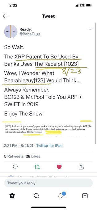 A screenshot of a tweet by @BabaCugs from 8/21/21 discussing an XRP patent for bank settlement gateways, citing receipts [1023] and [123] with claims of XRP and SWIFT usage in 2019.