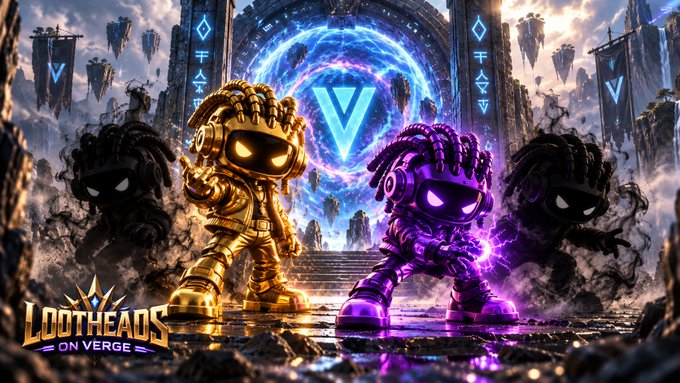 Promotional artwork for 'LOOTHEADS ON VERGE' featuring golden and purple armored robot characters standing before a glowing portal with a large 'V' emblem.