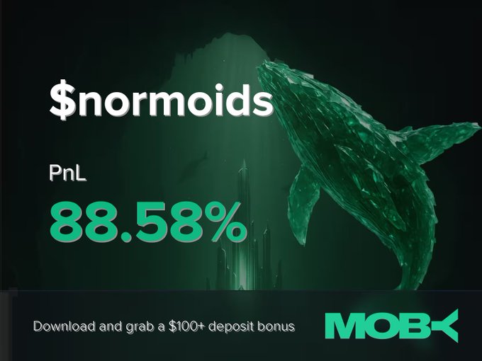 A promotional graphic for Moby mobile app featuring a green whale illustration underwater, displaying "$normoids" with a PnL of 88.58% and a call-to-action offering "$100+ deposit bonus" with the Moby logo in the corner. The image visually reinforces the post's announcement of a trader closing an $normoids position with an 88.58% profit on the Moby platform.
