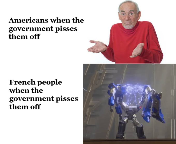 The meme contrasts American and French reactions to government frustration, showing a confused elderly man for Americans and an electrified, armored mecha robot for the French to highlight France's history of rebellion (likely referencing recent unrest). It bears no direct connection to the post's promotion of a Solana crypto call.