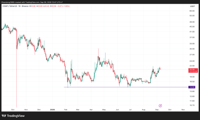 A TradingView candlestick chart for COMP/TetherUS on Binance, showing a 1-day timeframe with the current price at 20.88 USDT.